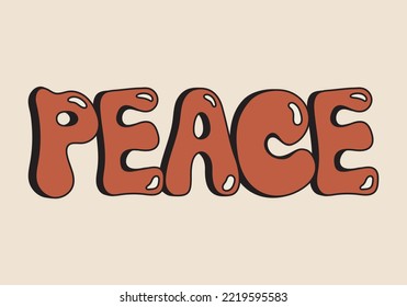 Peace lettering in 70s cartoon style. Hand drawn funky text. Cute phrase clipart. Isolated groovy word for design and print 