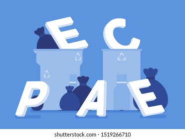 Peace letters in a trash. Metaphor of broken agreement, starting war struggle, clash between opposing forces, new battle, fighting and active disagreement. Vector flat style cartoon illustration