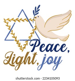 Peace light joy vector Hanukkah print. Jewish holidays illustration