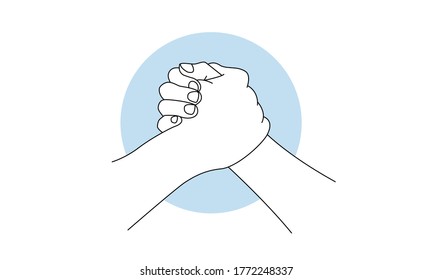Peace line art concept. Friendly handshake. No racism, no war. Symbol of respect and partnership. Human hands on white background.  Hand drawn linear sketch. Black silhouette. Vector, isolated