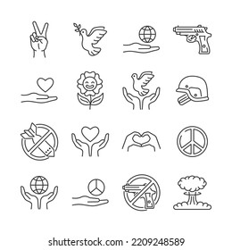 Peace Line Icon Set. Pacifism Outline Symbols With Pigeon, Gun, Helmet, Flower, Bomb. No War Vector Sign. Editable Stroke.