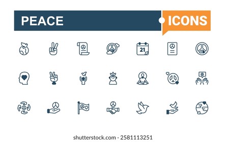Peace linear icon collection. Contains related to day, free, peace, art, love, together, faith, silhouette. Symbol. Solid line editable stroke. Vector line and solid icons.