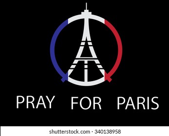 Peace logo at eiffel tower silhouette at background france national flag. pray for paris. vector illustration