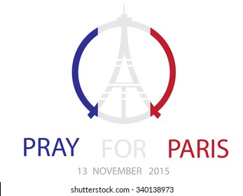 Peace logo at eiffel tower silhouette at background france national flag. pray for paris. vector illustration