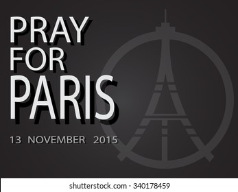 Peace logo at eiffel tower silhouette at background france national flag. pray for paris. vector illustration