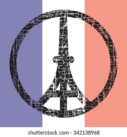 Peace logo of Eiffel tower silhouette on the national flag of France. Tricolour flag background for Pray for Paris emblem vector illustration.