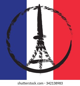 Peace logo of Eiffel tower silhouette on the national flag of France. Tricolour flag background for Pray for Paris emblem vector illustration.