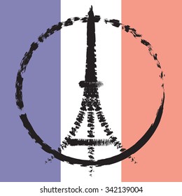 Peace logo of Eiffel tower silhouette on the national flag of France. Tricolour flag background for Pray for Paris emblem vector illustration.
