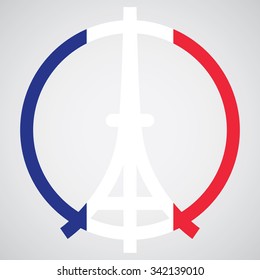 Peace logo of Eiffel tower silhouette on the national flag of France. Tricolour flag background for Pray for Paris emblem vector illustration.