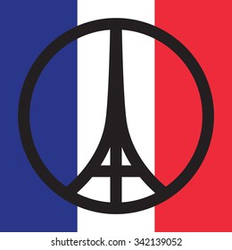 Peace logo of Eiffel tower silhouette on the national flag of France. Tricolour flag background for Pray for Paris emblem vector illustration.