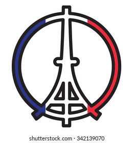 Peace logo of Eiffel tower silhouette on the national flag of France. Tricolour flag background for Pray for Paris emblem vector illustration.