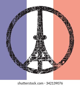 Peace logo of Eiffel tower silhouette on the national flag of France. Tricolour flag background for Pray for Paris emblem vector illustration.