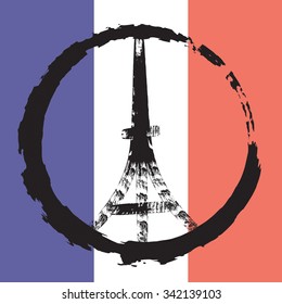 Peace logo of Eiffel tower silhouette on the national flag of France. Tricolour flag background for Pray for Paris emblem vector illustration.