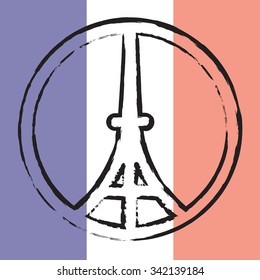 Peace logo of Eiffel tower silhouette on the national flag of France. Tricolour flag background for Pray for Paris emblem vector illustration.