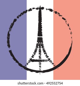 Peace logo of Eiffel tower silhouette on the national flag of France. Fashion print, greeting card, poster, memorial design.