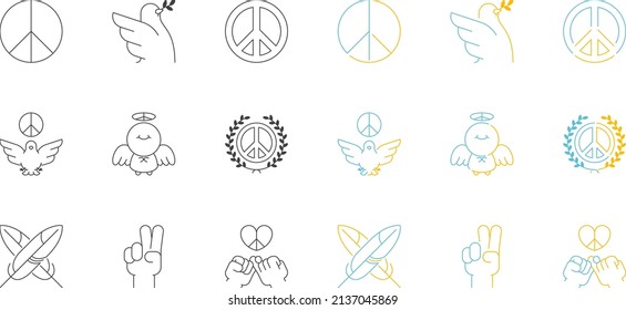 Peace logo icon set editable stroke black and white, blue and orange color, Peaceful Pray and Stop war concept, minimal flat design illustration isolated on background with copy space, vector