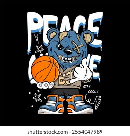  Peace loose bear playing basketball t-shirt graphic design vector illustration 