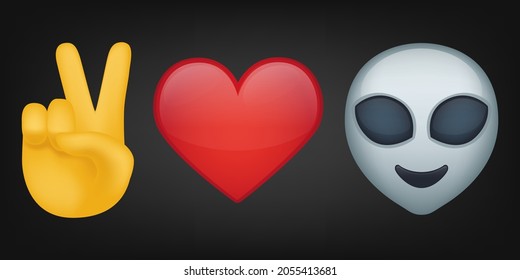 Peace Love and Alien Illustration Emoji Design. Motivational Quote Emoticon Vector Symbol.