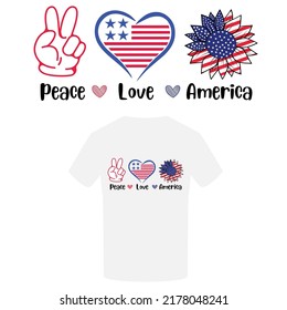 Peace Love America Patriotic T shirt Design. Stars and Stripes. Heart, Peace, Love, Sunflower  with US Flag texture. Vector illustration.