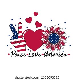 Peace Love America Patriotic T shirt Design.  Independence day symbol with US Flag texture. Vector illustration