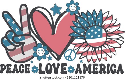 Peace Love America Retro 4 de julio Día de la Independencia Diseño de camisetas