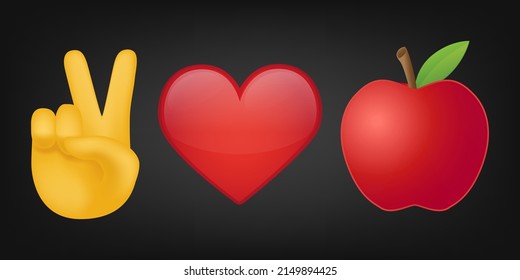 Peace Love and Apple Fruit Illustration Emoji Design. Motivational Quote Emoticon Vector Symbol.