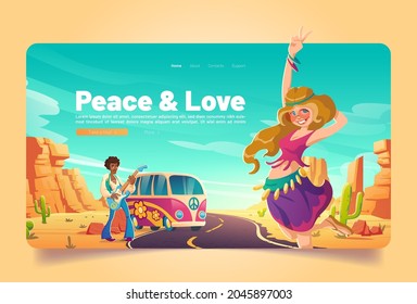 Peace and love banner with hippie people on road in desert. Vector landing page of hippy culture with cartoon illustration of vintage van, man with guitar and girl in desert with rocks and cactuses