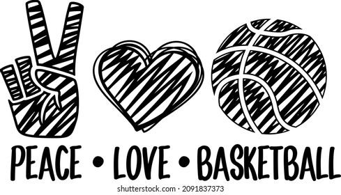 Peace Love Basketball phrase and hand  heart   ball  Sports design for basketball fans  Basketball theme design for sport lovers stuff   perfect gift for basketball players   fans