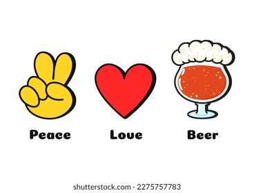 Peace, love, beer concept print for t-shirt. Vector cartoon doodle line graphic illustration logo design. Peace sign, heart, beer print for poster, t-shirt, logo concept