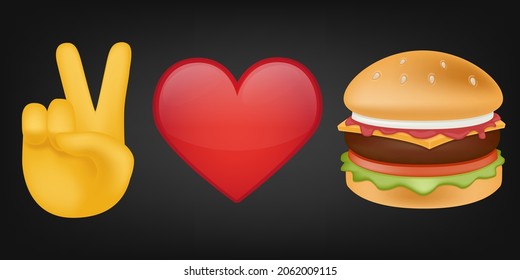 Peace Love and Burger Illustration Emoji Design. Motivational Quote Emoticon Vector Symbol.