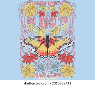 Paz y amor, mariposa con arte floral para la impresión de camisetas, afiche, pegatina, fondo y otros usos. Sé amable con tu mente. 