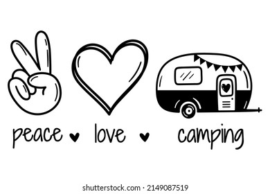 Peace love camping. Zelten motivierender Worte. Camping Vektor-Zitate.  Vektorgrafik einzeln auf weißem Hintergrund. Gut für Poster, Textilien und Hemden.