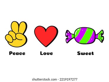 Peace, love, candy concept print for t shirt.Vector cartoon doodle line graphic illustration logo. Peace sign, heart, candy print for poster, t-shirt, logo concept