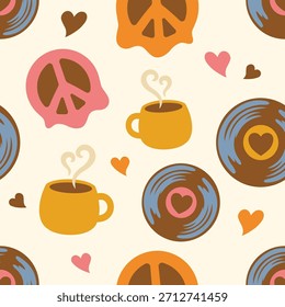 Amor de la paz y el patrón sin fisuras de café. Iconos de estilo de vida retro de los años 70 diseño plano de Vector con discos de vinilo y tazas gruesas para fondo hippie y decoración vintage.
