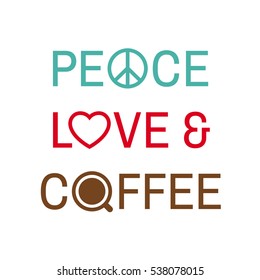 Diseño tipográfico de paz, amor y café con iconos de símbolos