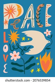 Peace love collage text boho naive funky handdrawn letters style art