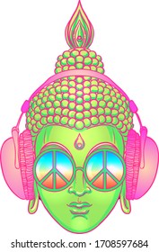 Peace and Love. Colorful Buddha in rainbow glasses listening to the music in headphones. Vector illustration. Hippie peace sign on sunglasses. Psychedelic concept. Buddhism, trance music. Esoteric art