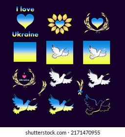 Peace and love concept with Ukrainian national flag, pigeon with olive branch and wheat ears, wreath, heart shape, sunflower. Ukraine element set for stickers, fashion print, poster and banner design