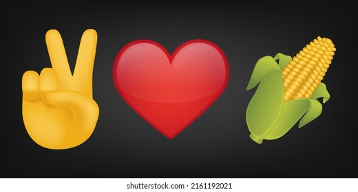 Peace Love and Corn Illustration Emoji Design. Motivational Quote Emoticon Vector Symbol.