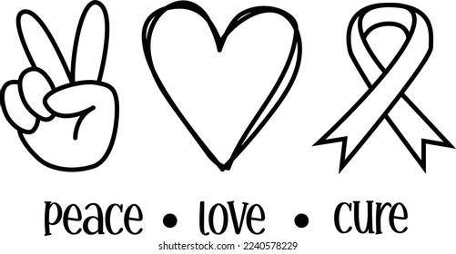 Peace love cure design with two finger peace sign heart and ribbon. Editable stroke.