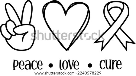 Peace love cure design with two finger peace sign heart and ribbon. Editable stroke.