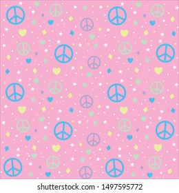 Peace and love cute pattern with pastel colours hearts and stars vector graphic design illustration