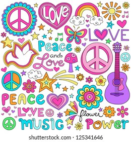 Peace Love and a Dove Flower Power Groovy Psychedelic Notebook Doodles Set with Butterfly, Peace Sign, Acoustic Guitar, Rainbow, Hearts, and More