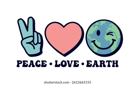 Peace Love Earth Saying, groovy phrase for Environment Day t shirt, hand gesture, heart and planet Earth smiling face, vector illustration