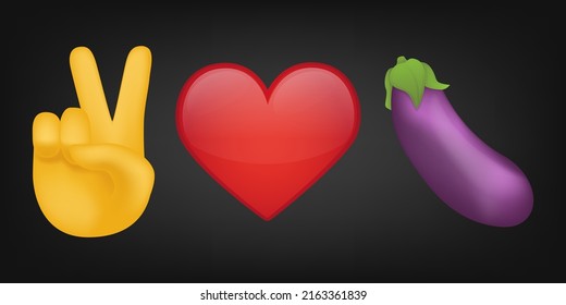 Peace Love and Eggplant Illustration Emoji Design. Motivational Quote Emoticon Vector Symbol.