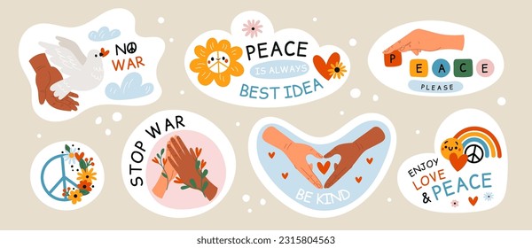 emblemas de paz y amor. Manos humanas con paloma. Arcoiris y corazón. Frases pacifistas. Diferentes colores de piel en brazos. Símbolo hippie. Detengan la guerra y la libertad. Vector garish