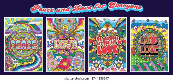 Peace and Love for Everyone Poster Hippie Style 1960s Psychedelic Art Background, Abstract Ornamental Pattern Set