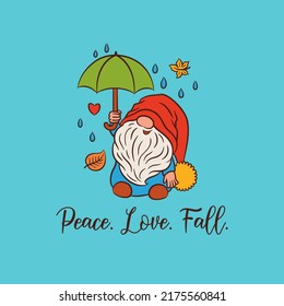 Peace, love, fall concept with gnome. Cute nordic gnome with umbrella standing under the rain. Heart shape care and love symbol. Autumn leaves rainy weather outdoor vector illustration.