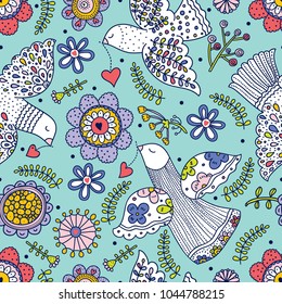 Peace, Love And Flowers. Cute Seamless Pattern.