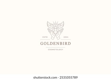 Peace love flying dove in hands line art logo design template for cosmetic vector illustration. Elegant bird pigeon with bright sun minimalist linear logotype for beautician skin hair care cosmetology